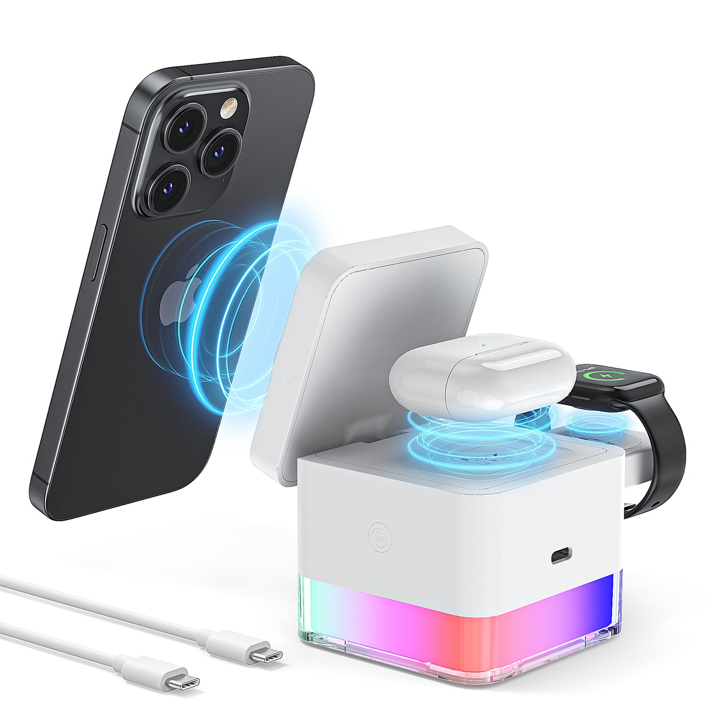 Ultimate 3-in-1 Wireless Charging Station for iPhone, Apple Watch, and AirPods - Compatible with All Models - Sleek White Design