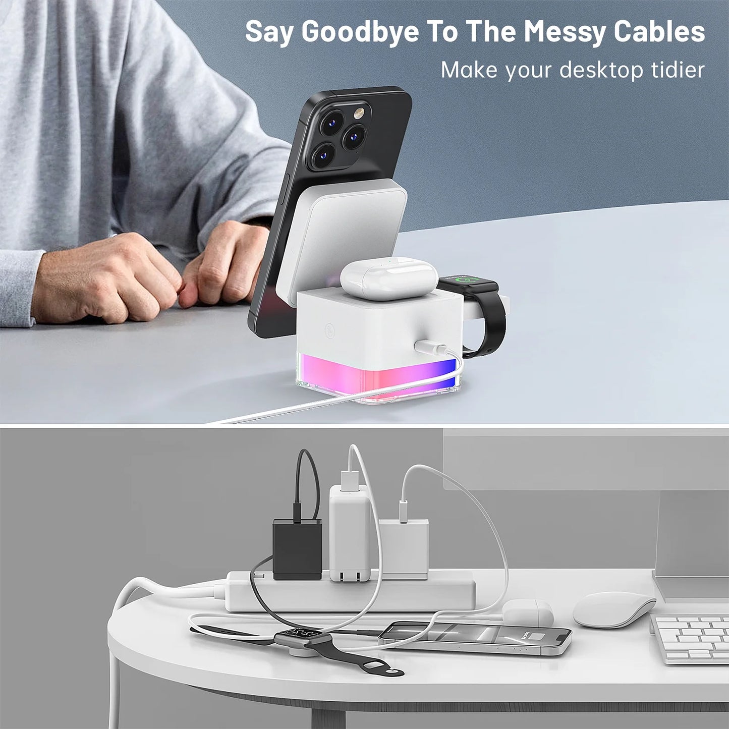 Ultimate 3-in-1 Wireless Charging Station for iPhone, Apple Watch, and AirPods - Compatible with All Models - Sleek White Design